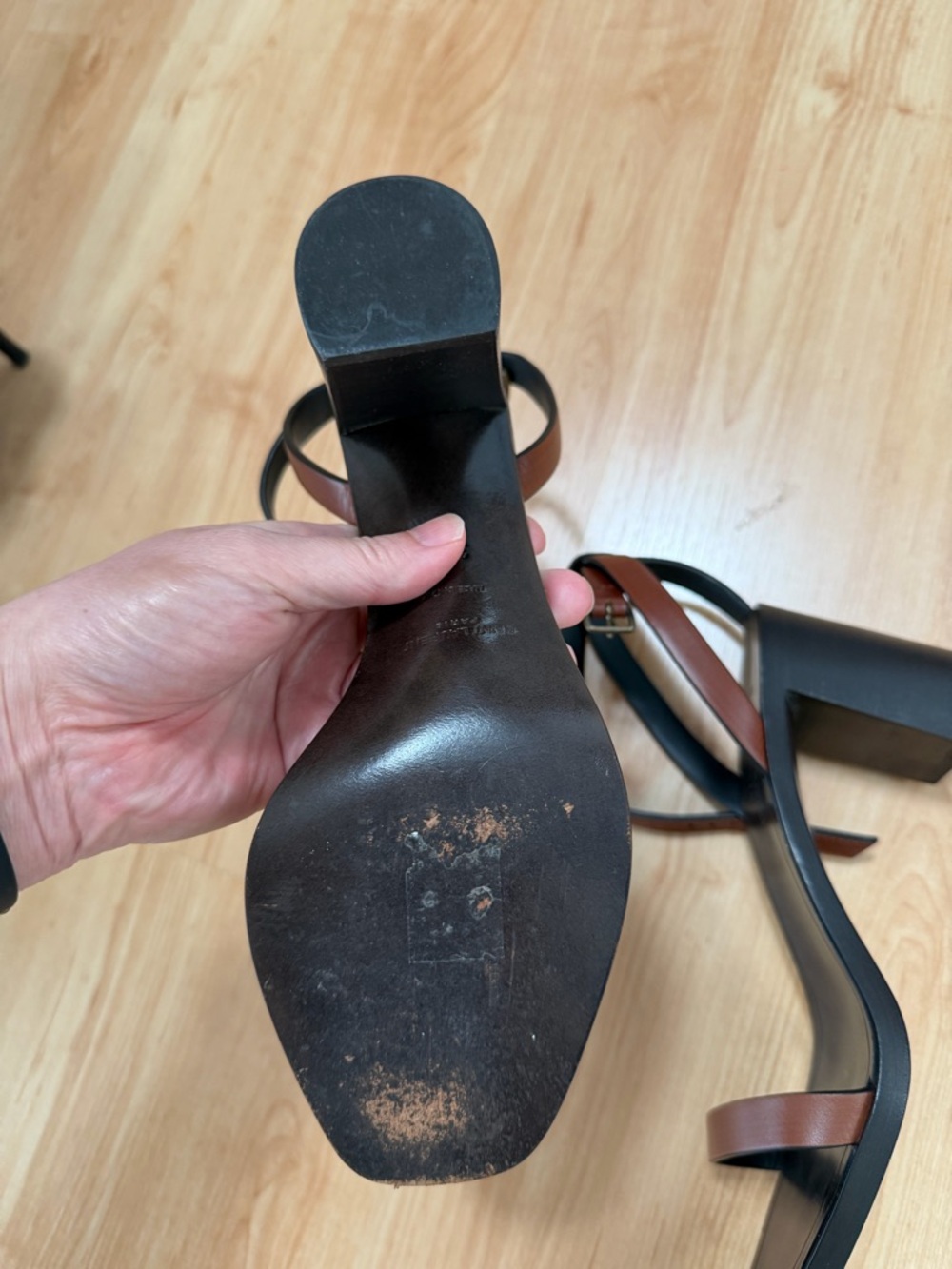 Saint Laurent Black and Brown Leather Ankle-Strap Square-Toe Sandals - Picture 3 of 8